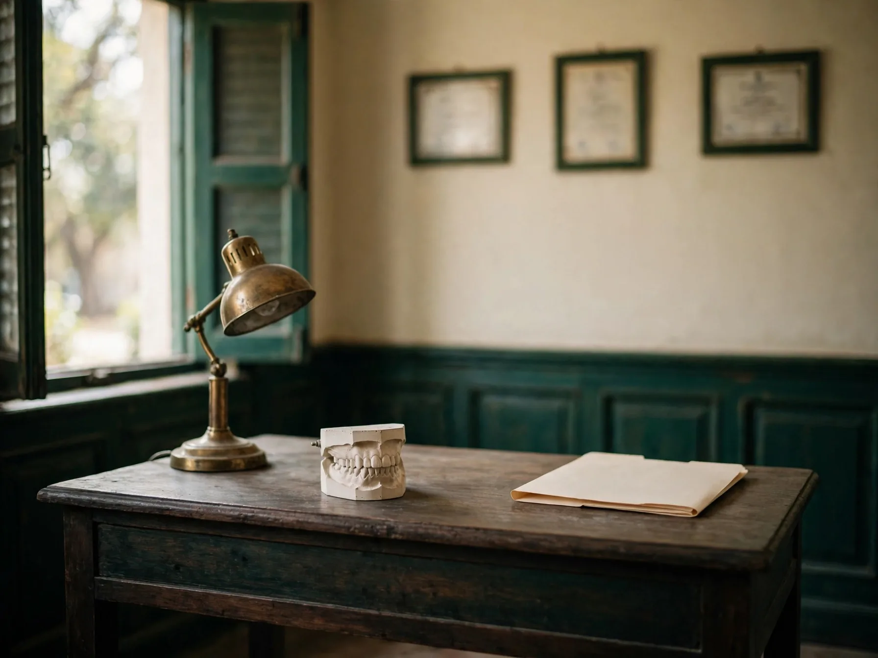 The consultation desk at Grover Dental Clinic — brass lamp, study model, framed certificates on the wall