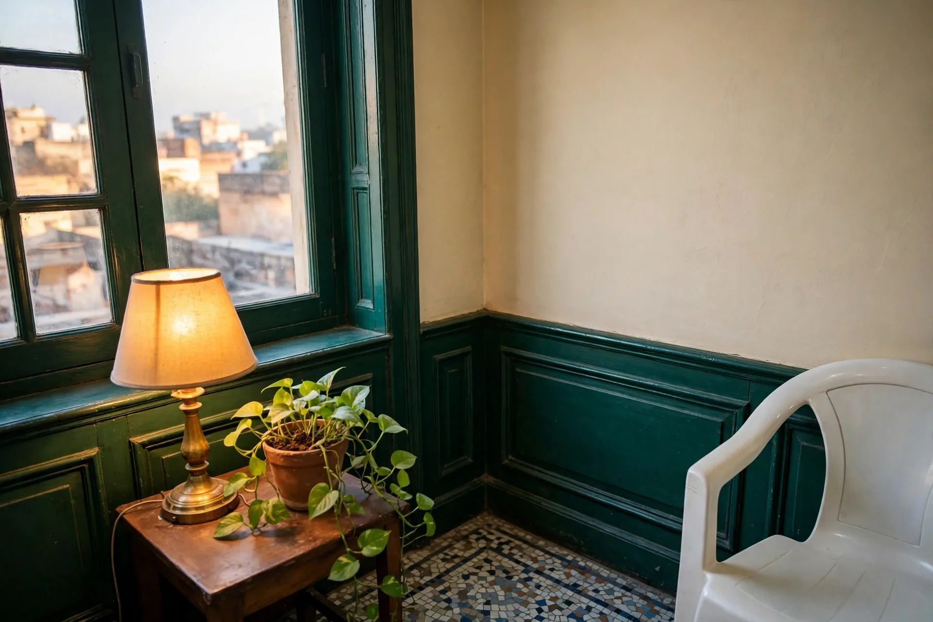 The quiet corner — brass lamp and money plant by the window