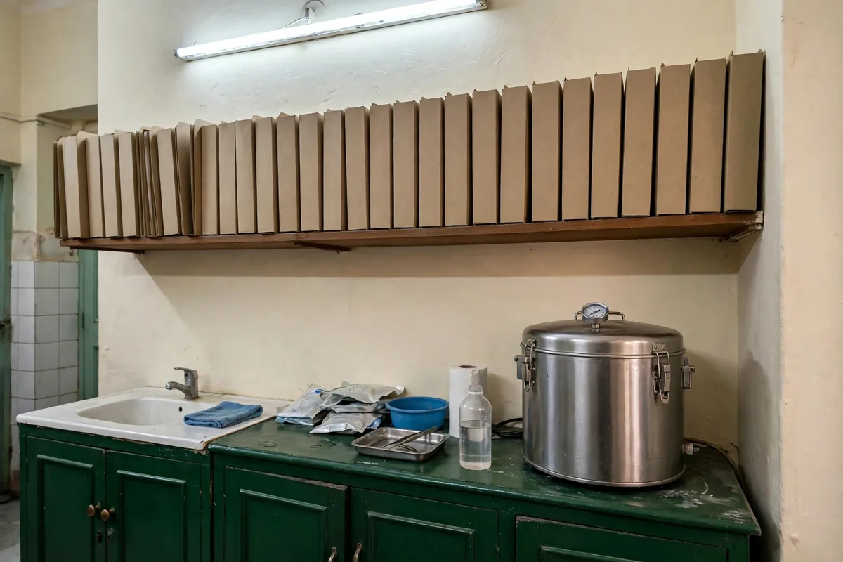 The records shelf — patient files kept at the clinic, some for families of decades