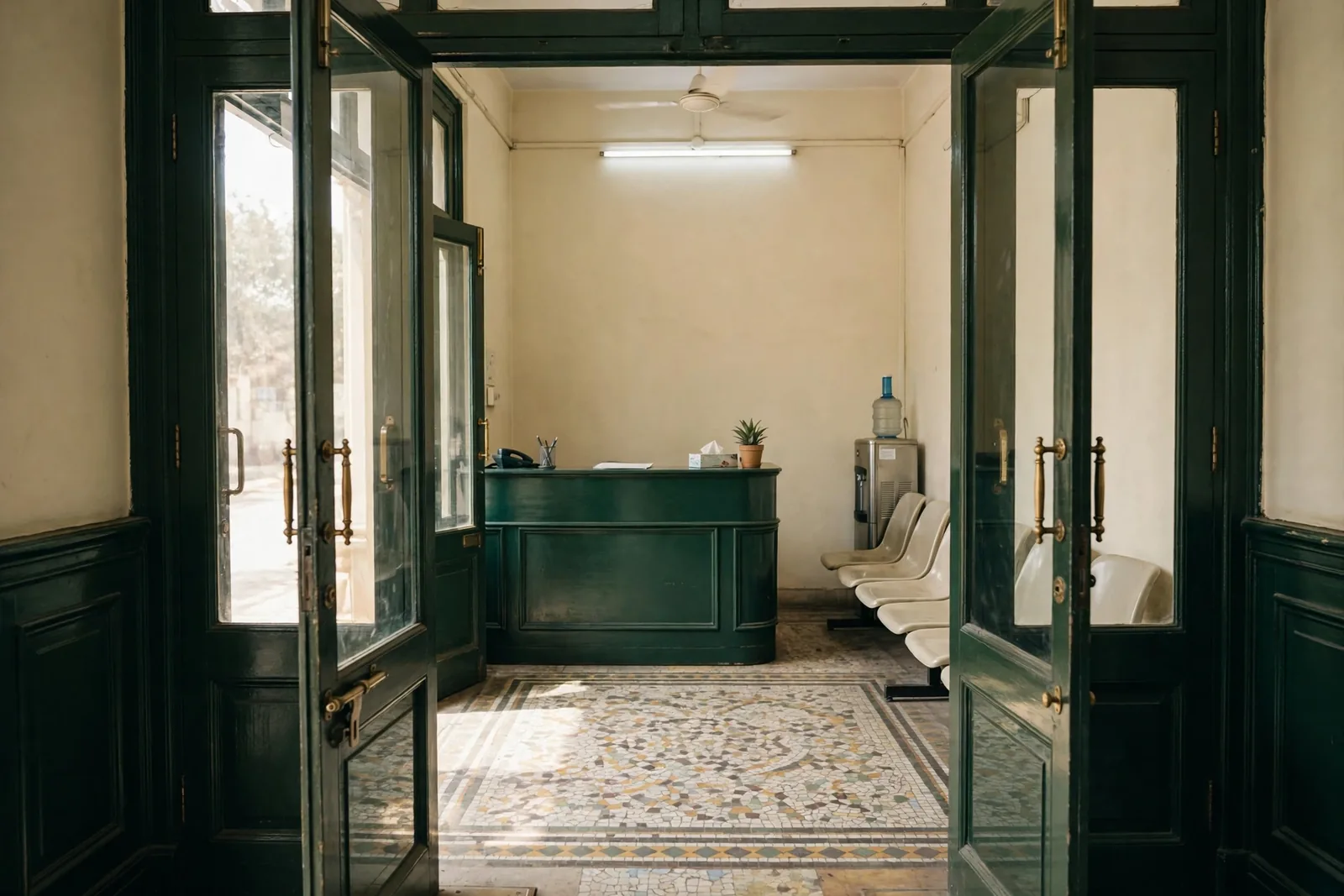 The clinic entrance — the green doors open, reception beyond