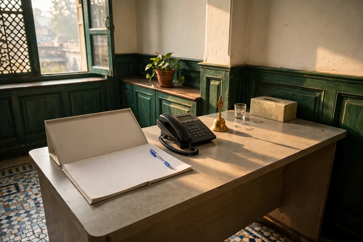 The desk first thing — register open, phone ready, morning light in