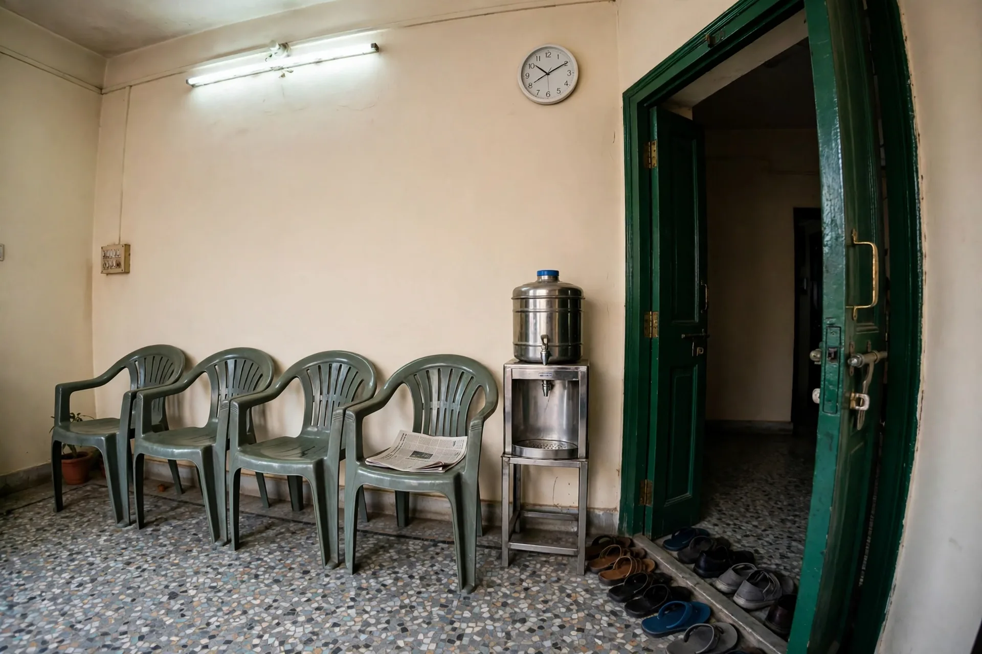 The waiting corner — plastic chairs, the water dispenser, the morning paper