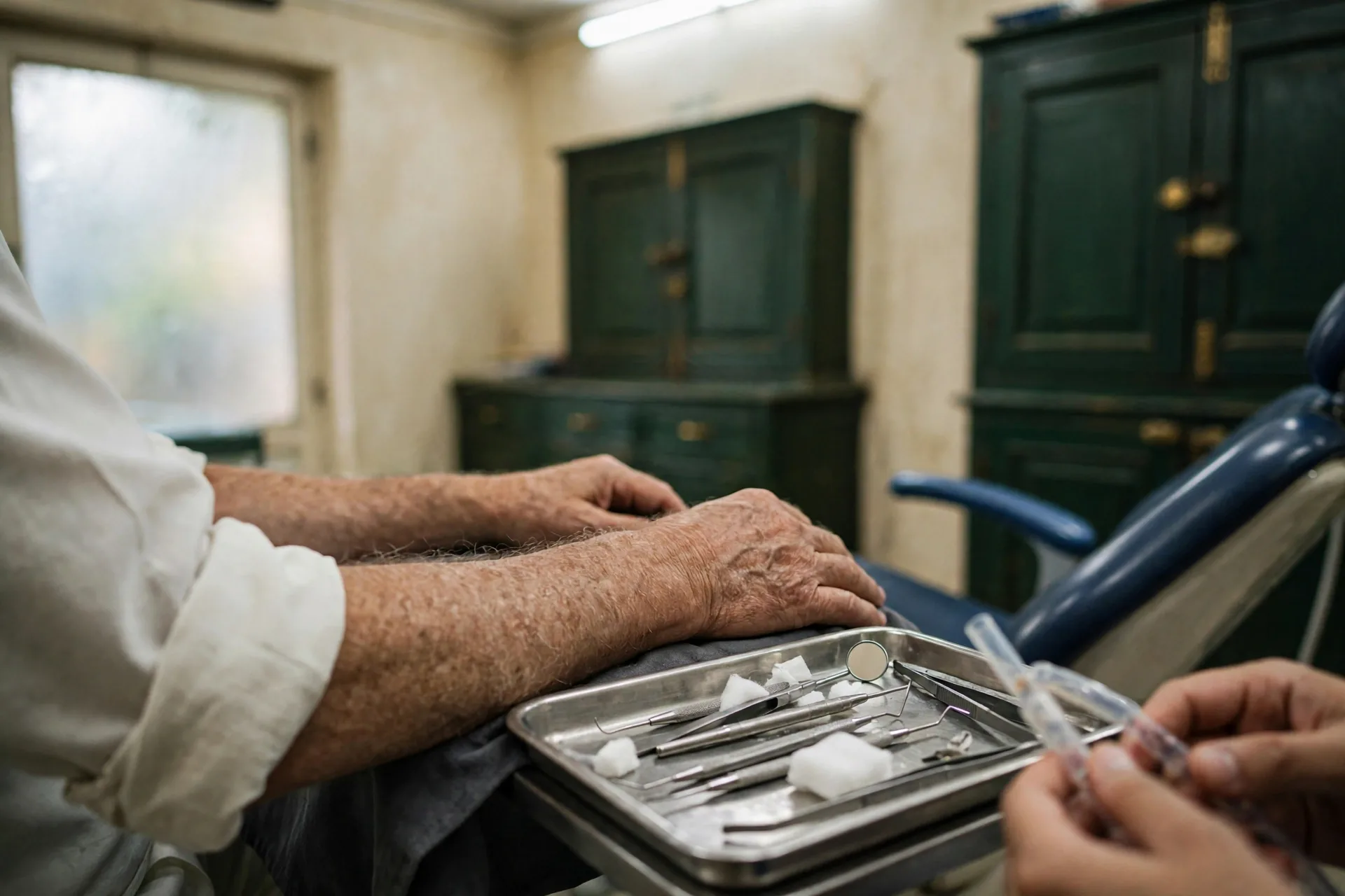 A senior dentist's hands resting beside a steel tray of instruments at Grover Dental Clinic