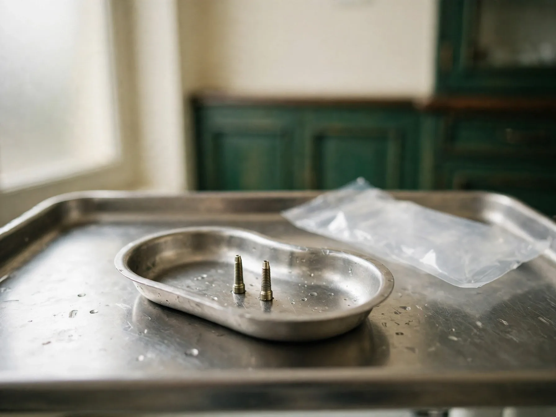 Titanium implant posts standing in a steel dish on a sterile tray