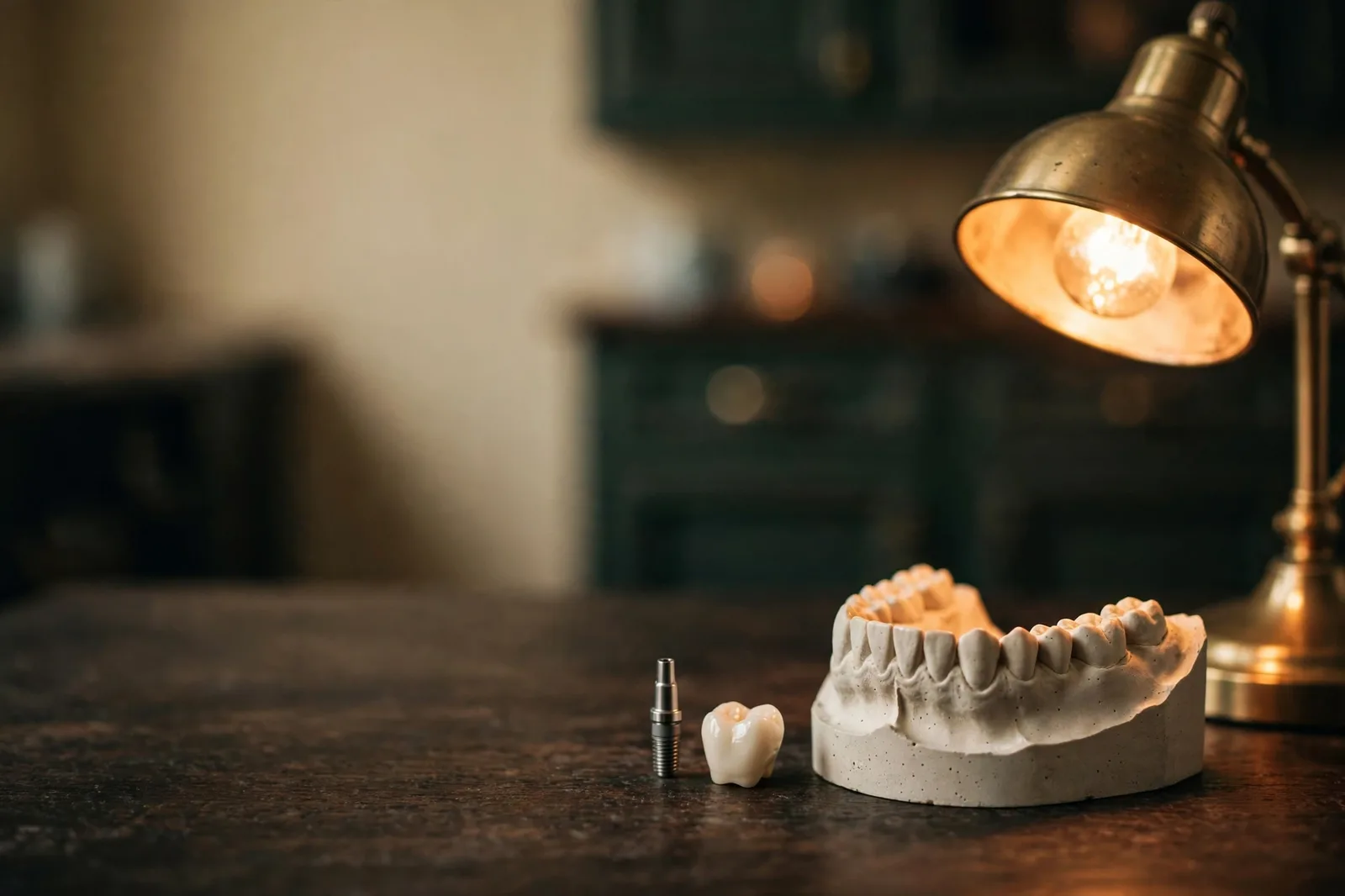 A jaw study model with a titanium implant post and ceramic crown under a brass lamp