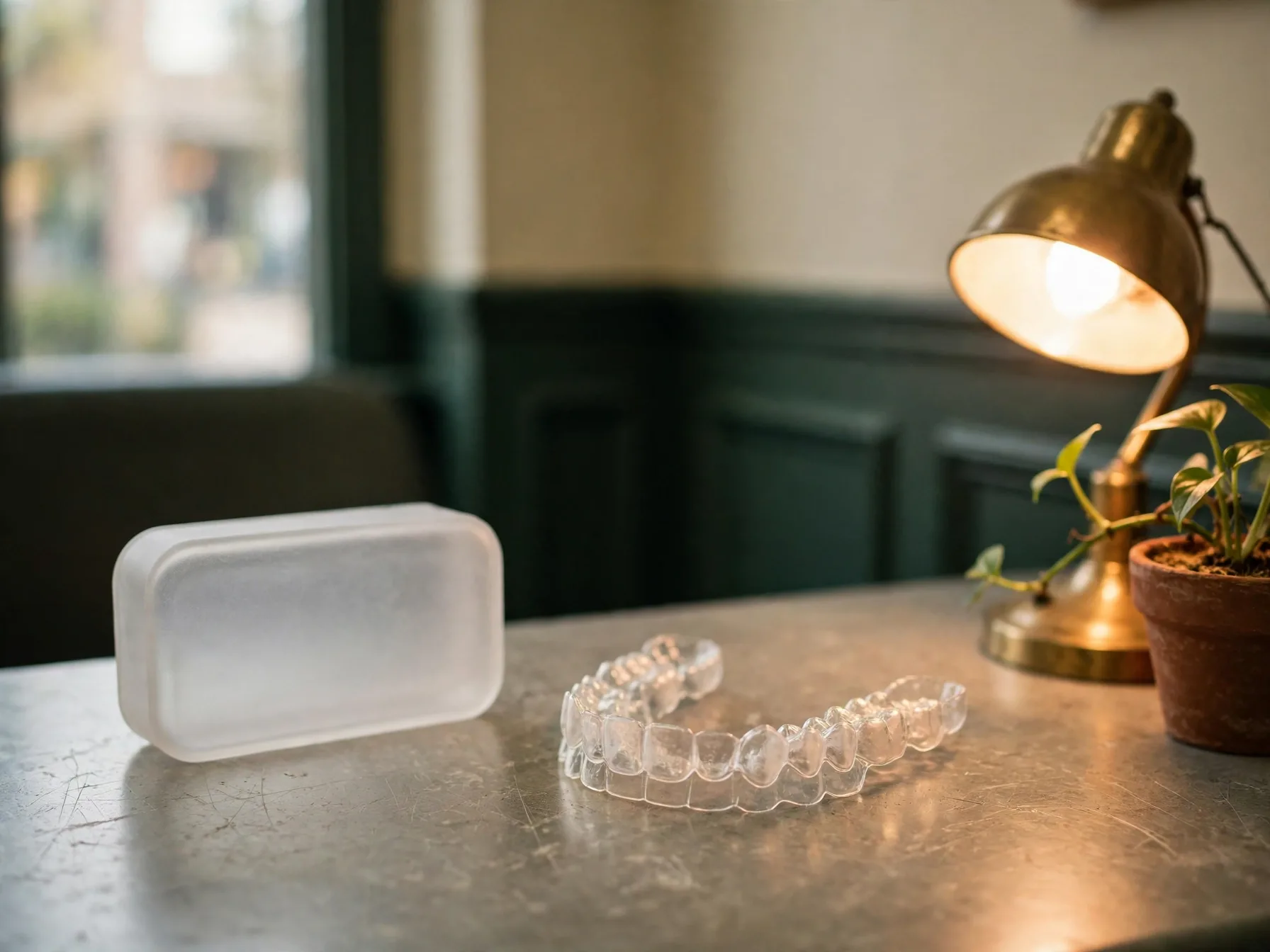 A clear aligner and its case on the clinic counter beside a brass lamp