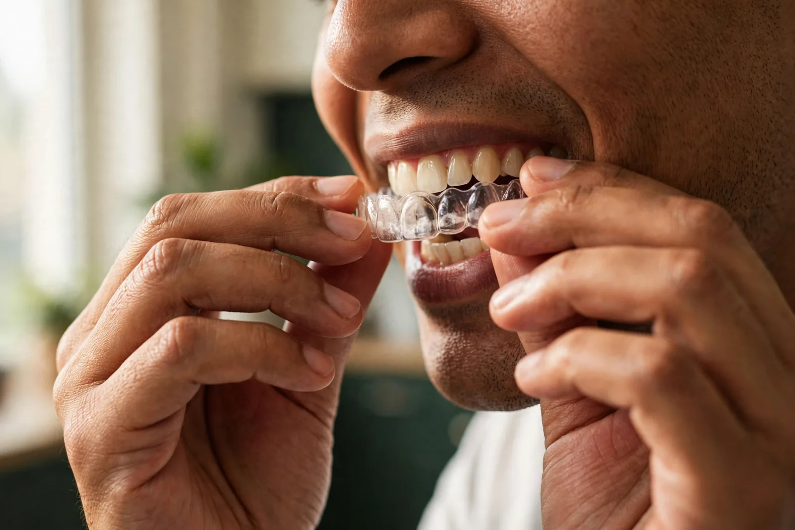 A patient fitting a clear aligner — removable, and near-invisible in the mouth