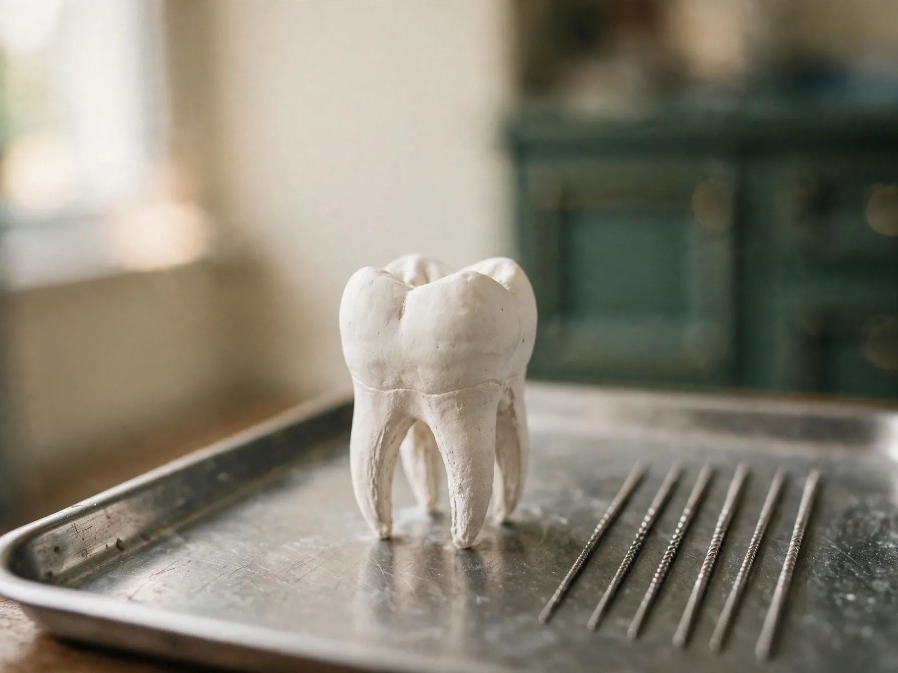 A plaster molar model standing beside a row of root canal files on a steel tray