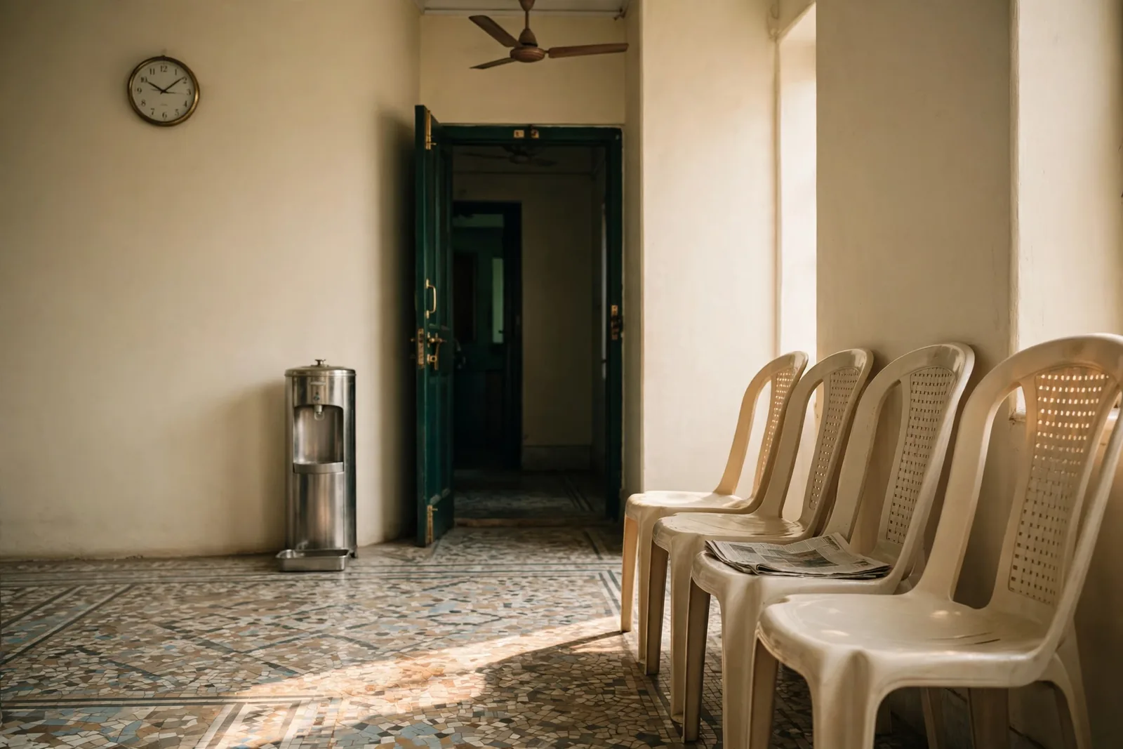 The waiting corner at Grover Dental Clinic — chairs, the morning paper, sunlight on the mosaic floor