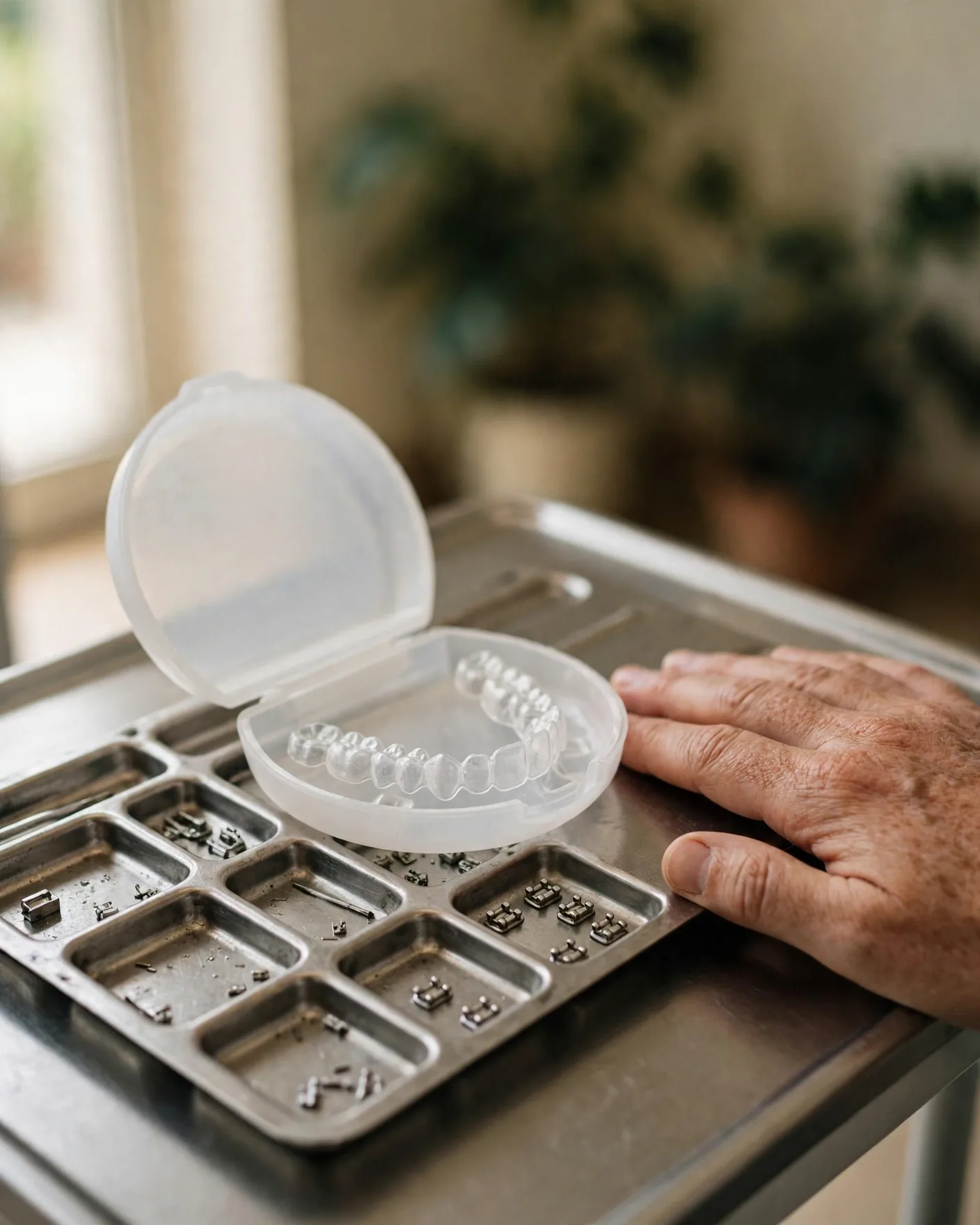 A clear aligner tray held up to the light at Grover Dental Clinic